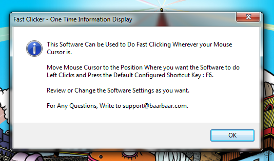 Screenshot of an Information Box displayed by Fast Clicker at Initial Launch